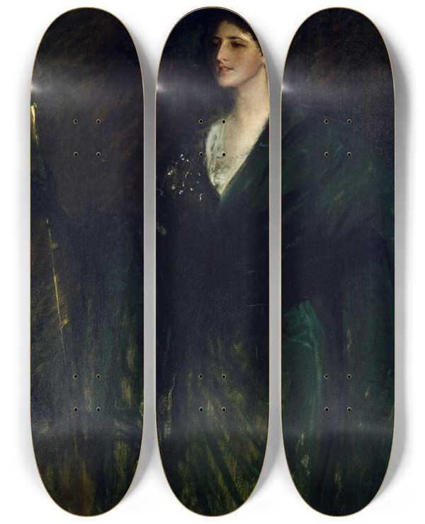Triptych art skateboard deck of William Merritt Chase The Emerald Lady by William Merritt Chase (1849-1916)