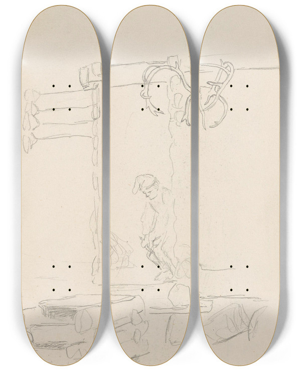 Triptych art skateboard deck of Hans Gude Stueinterir Med Mannsfigur by Hans Gude (1825-1903)