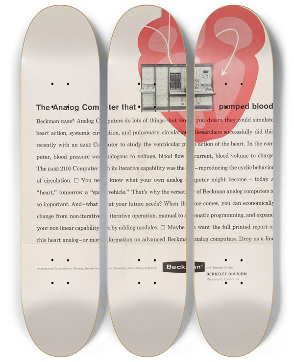 Triptych art skateboard deck of Beckman Instruments The Analog Computer That Pumped Blood by Beckman Instruments (20-)
