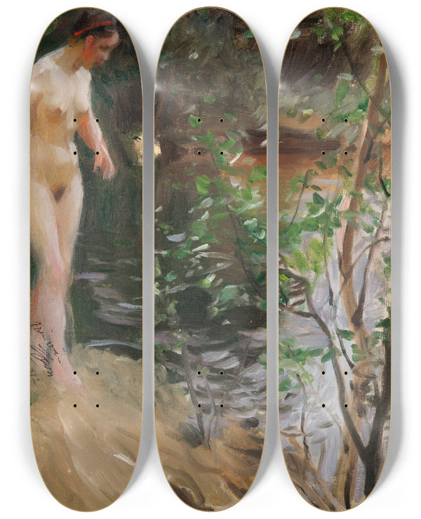 Triptych art skateboard deck of Anders Zorn Model At Shore by Anders Zorn (1860-1920)
