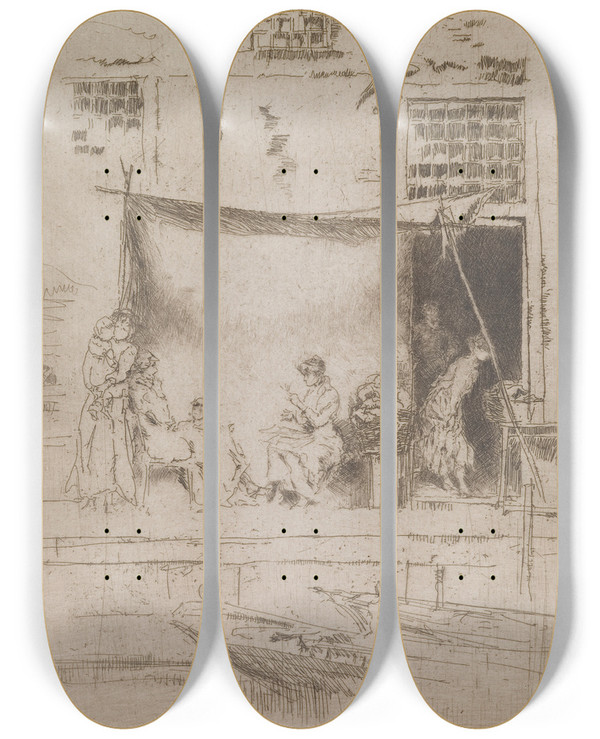 Triptych art skateboard deck of James Abbott Mcneill Whistler The Fruit Stall by James Abbott Mcneill Whistler (1834-1903)