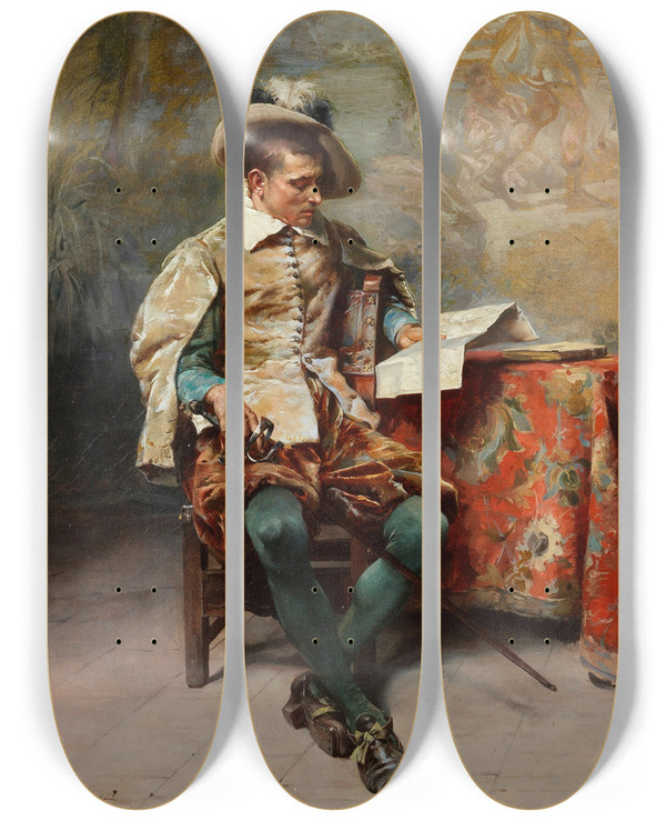 Triptych art skateboard deck of Cesare Auguste Detti Far Away Thoughts by Cesare Auguste Detti (1847-1914)