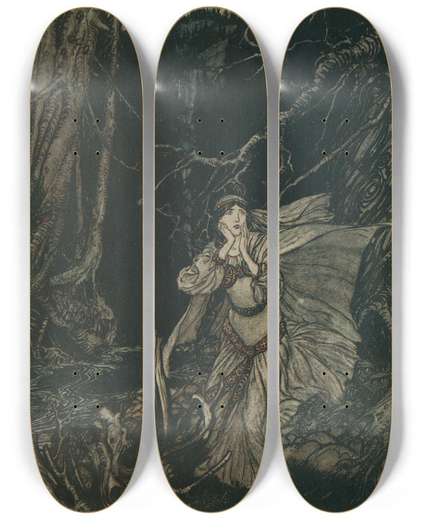 Triptych art skateboard deck of Arthur Rackham Berthalda In The Black Valley by Arthur Rackham (1867-1939)