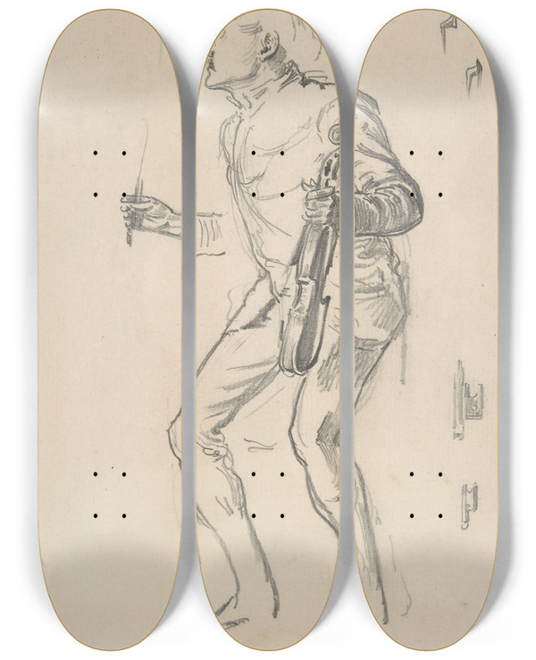 Triptych art skateboard deck of George Du Maurier Gecko Study From Life by George Du Maurier (1834-1896)
