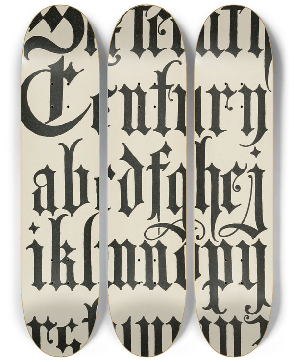 Triptych art skateboard deck of Frank Chouteau Brown German Blackletters by Frank Chouteau Brown (1876-1947)