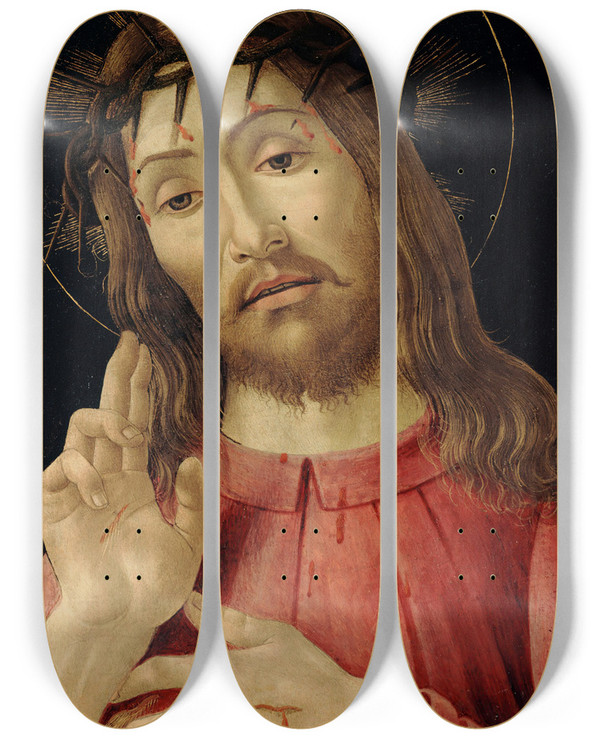 Triptych art skateboard deck of Sandro Botticelli The Resurrected Christ by Sandro Botticelli (1444-1510)