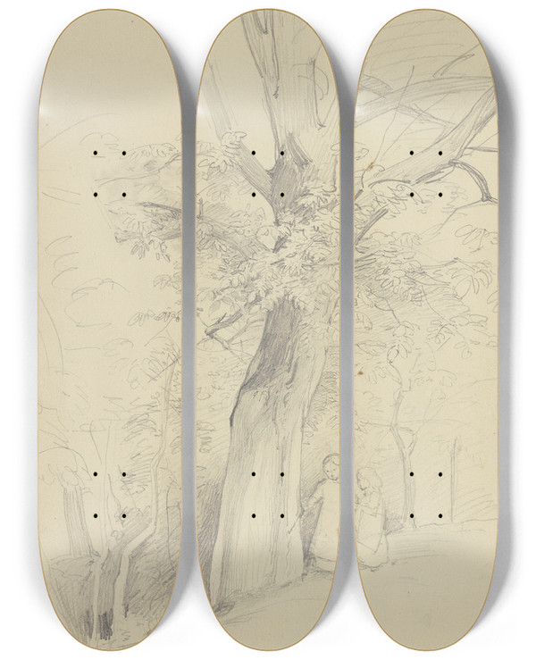 Triptych art skateboard deck of Jakob Becker Grove With Two Children by Jakob Becker (1810-1872)