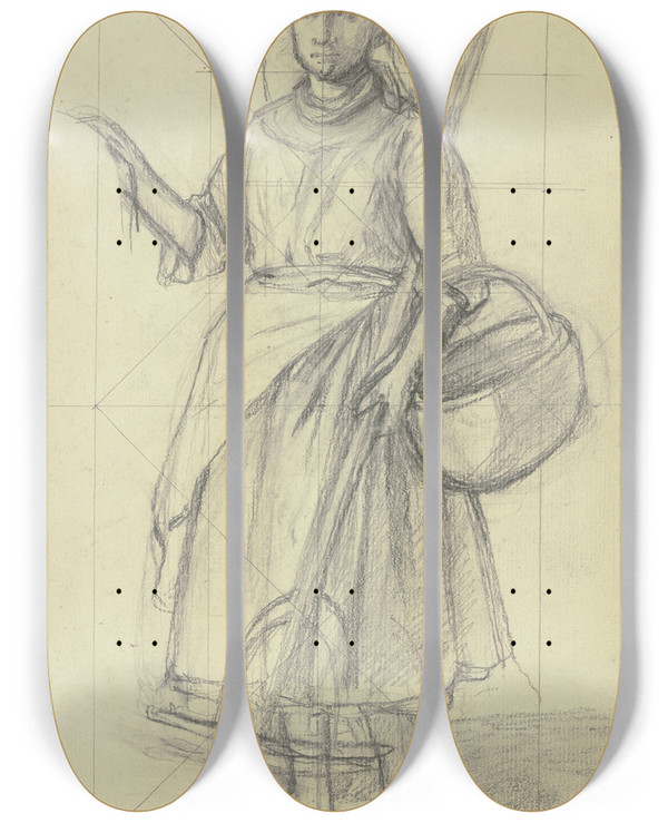 Triptych art skateboard deck of Jakob Becker Bauernmdchen Mit Rechen Und Korb_2 by Jakob Becker (1810-1872)