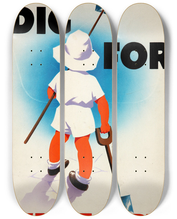 Triptych art skateboard deck of Mary Tunbridge Dig For Victory by Mary Tunbridge (20-)