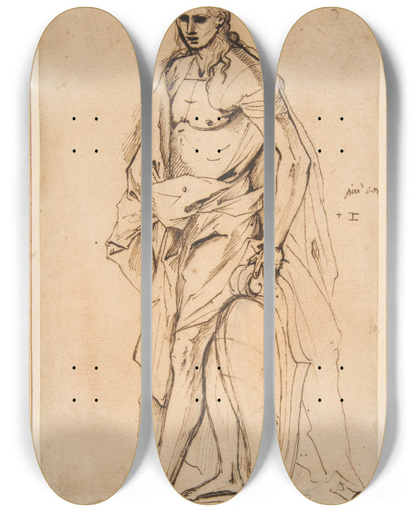 Triptych art skateboard deck of Pietro Testa Standing Male Figure Supporting A Shield by Pietro Testa (1612-1650)