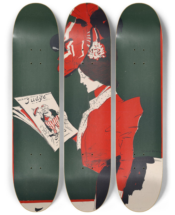 Triptych art skateboard deck of Penrhyn Stanlaws Judge Will Do by Penrhyn Stanlaws (1877-1957)