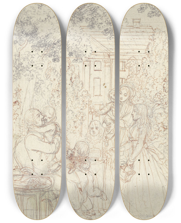 Triptych art skateboard deck of Daniel Nikolaus Chodowiecki Happy Ageing by Daniel Nikolaus Chodowiecki (1726-1801)