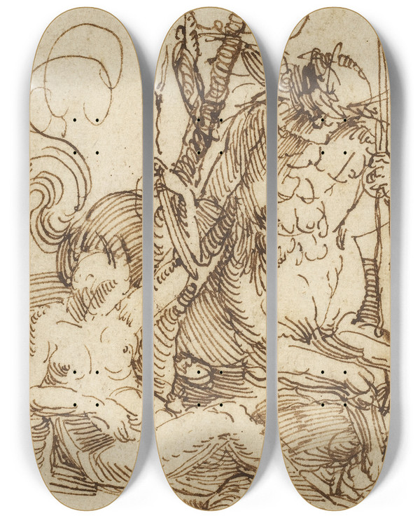 Triptych art skateboard deck of Albrecht Drer The Centaur Family by Albrecht Durer (1471-1528)