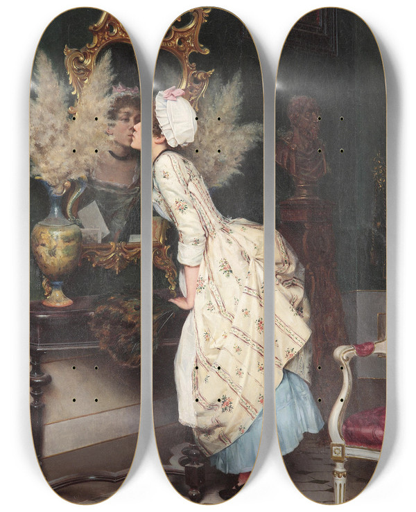 Triptych art skateboard deck of Pietro Torrini Ein Kuss Dem Spiegelbild by Pietro Torrini (1852-1920)