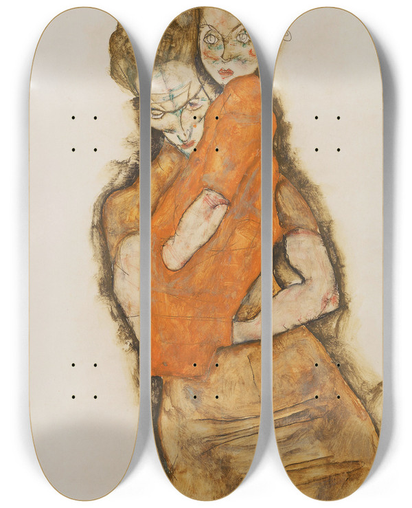 Triptych art skateboard deck of Egon Schiele Mother And Child by Egon Schiele (1890-1918)