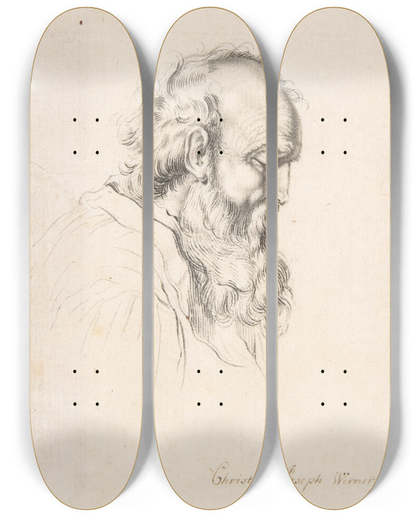 Triptych art skateboard deck of Christoph Joseph Werner Bearded Man by Christoph Joseph Werner (1670-1750)