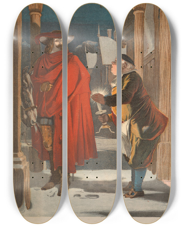 Triptych art skateboard deck of George Cargill Leighton The Unexpected Guest by George Cargill Leighton