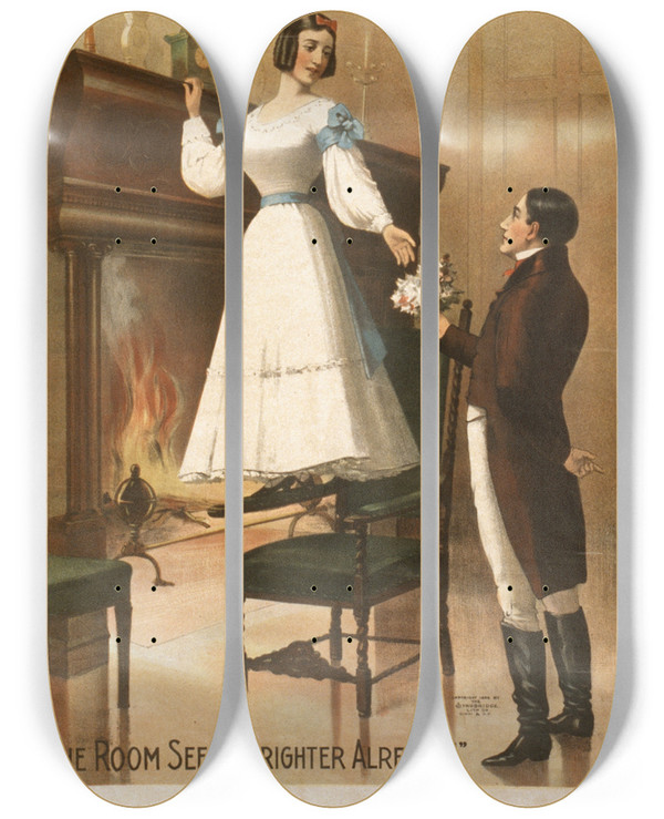 Triptych art skateboard deck of Strobridge Co Lith John Drews New Play Rosemary by Strobridge Co Lith (1847)