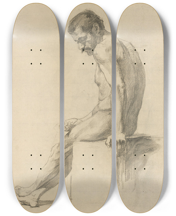 Triptych art skateboard deck of Jozef Hanula Sediaci Model I by Jozef Hanula (1863-1944)