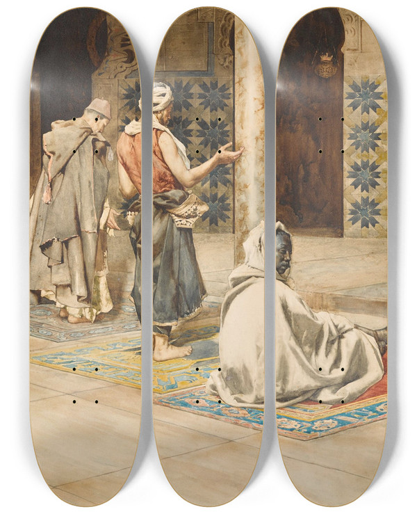 Triptych art skateboard deck of Giuseppe Signorini Prayer In The Mosque by Giuseppe Signorini (1857-1932)