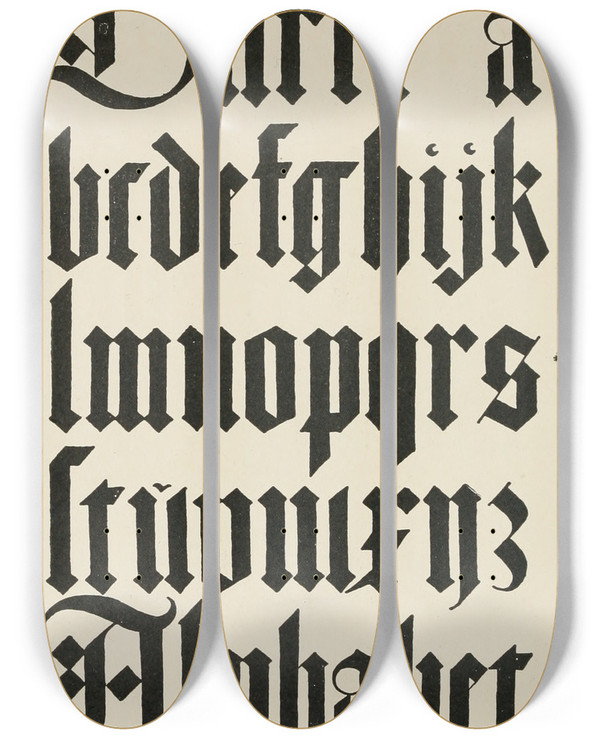 Triptych art skateboard deck of Frank Chouteau Brown German Blackletters 3 by Frank Chouteau Brown (1876-1947)