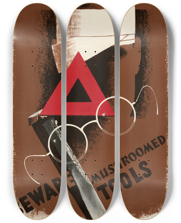 Triptych art skateboard deck of Pat Keely Beware Mushroomed Tools by Pat Keely (1901-1970)