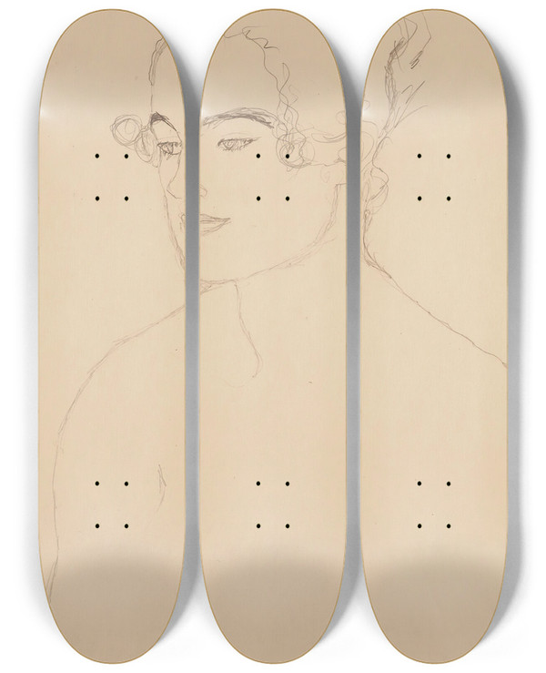 Triptych art skateboard deck of Gustav Klimt Brustbild Nach Links Torso Facing Left by Gustav Klimt (1862-1918)