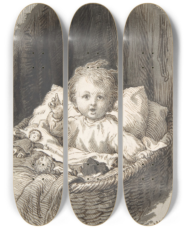 Triptych art skateboard deck of Lorenz Frlich Child In A Crib by Lorenz Frolich (1820-1908)