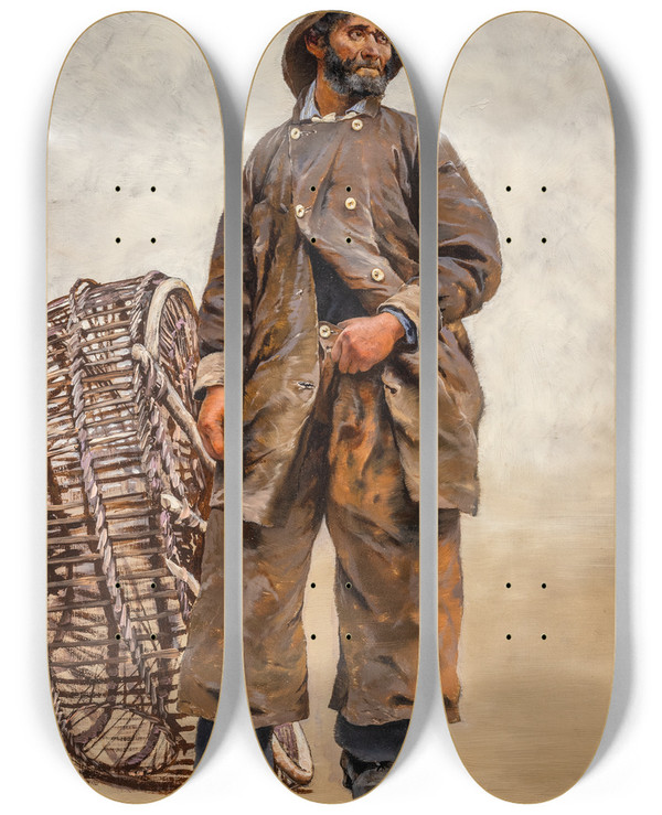 Triptych art skateboard deck of August Hagborg Fisherman With Basket by August Hagborg (1852-1921)