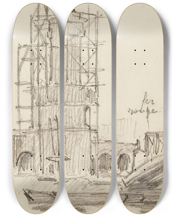 Triptych art skateboard deck of Fernand Cormon Tour En Construction Au Bord Dun Fleuve by Fernand Cormon (1845-1924)