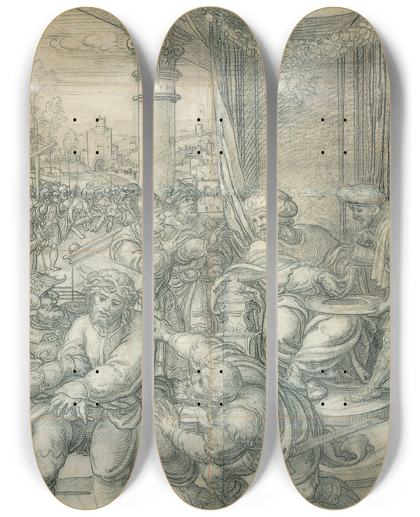 Triptych art skateboard deck of Bernard Van Orley Pilate Washing His Hands Early by Bernard Van Orley (1492-1542)