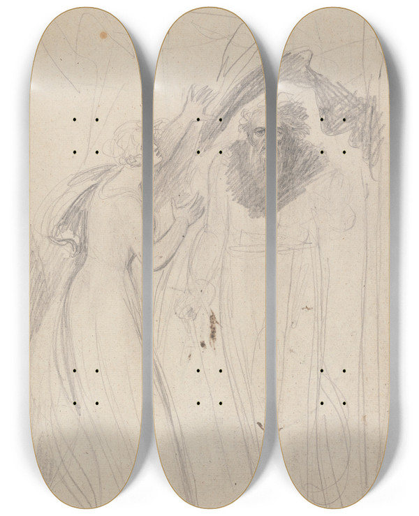 Triptych art skateboard deck of George Romney Prospero And Miranda by George Romney (1734-1802)