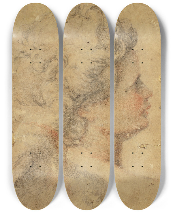Triptych art skateboard deck of Camillo Procaccini Womans Profile To Right by Camillo Procaccini (1546-1629)
