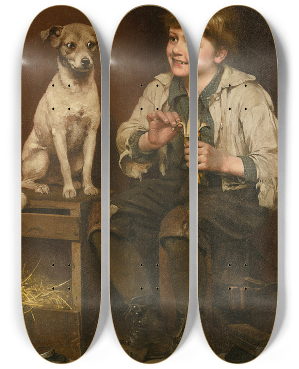Triptych art skateboard deck of John George Brown Waiting For A Bite by John George Brown (1831-1913)