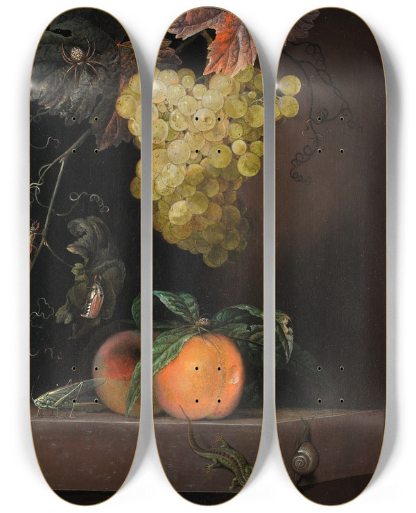 Triptych art skateboard deck of Ottmar Elliger Still Life With Fruit Lizard And Insects by Ottmar Elliger (1633-1679)