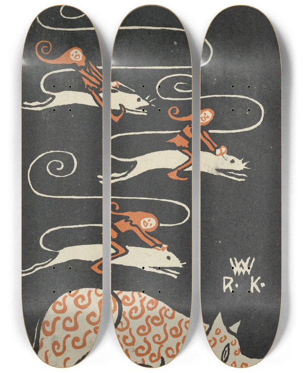 Triptych art skateboard deck of Rudolf Kalvach Humorous Subject_3 by Rudolf Kalvach (1883-1932)