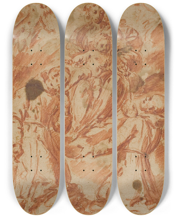 Triptych art skateboard deck of Bernardo Strozzi Virgin And Child In Glory Worshipped By Two Monk Saints by Bernardo Strozzi (1581-1644)