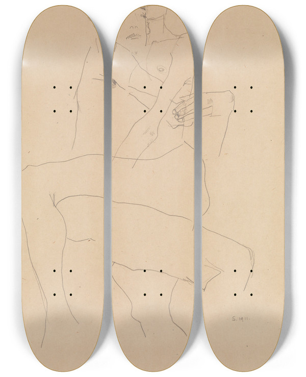 Triptych art skateboard deck of Egon Schiele Couple Embracing by Egon Schiele (1890-1918)