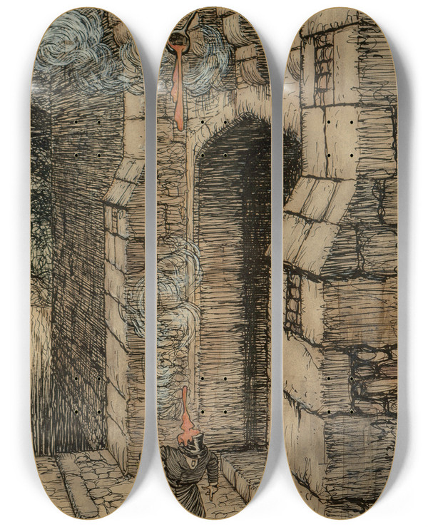 Triptych art skateboard deck of Arthur Rackham How Youd Frown Should A Ladleful Fall On Your Crown by Arthur Rackham (1867-1939)