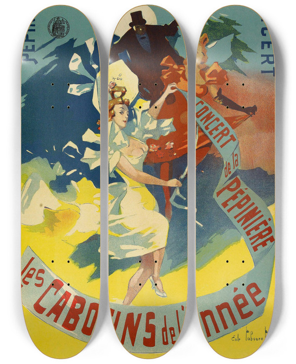 Triptych art skateboard deck of Emile Tabouret Les Cabotins De Lanne by Emile Tabouret (1850-1927)