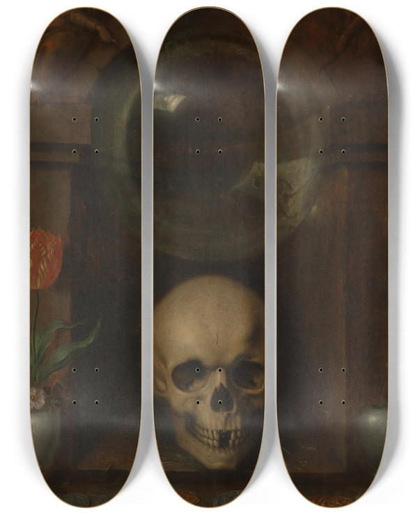 Triptych art skateboard deck of Jacob De Gheyn Ii Vanitas Still Life by Jacob de Gheyn II (1565-1629)