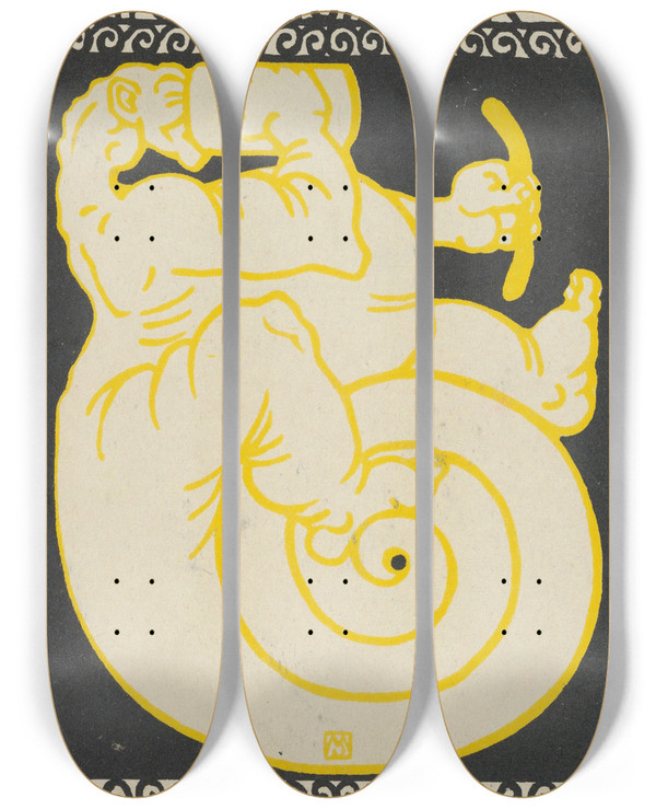 Triptych art skateboard deck of Moriz Jung Maxi The Ichthyosaurus Turned Man by Moriz Jung (1885-1915)