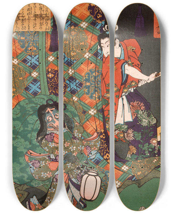 Triptych art skateboard deck of Tsukioka Yoshitoshi Kusunoki Tamonmaru Masayuki Surprising A Fox Ghost by Tsukioka Yoshitoshi (1839-1892)