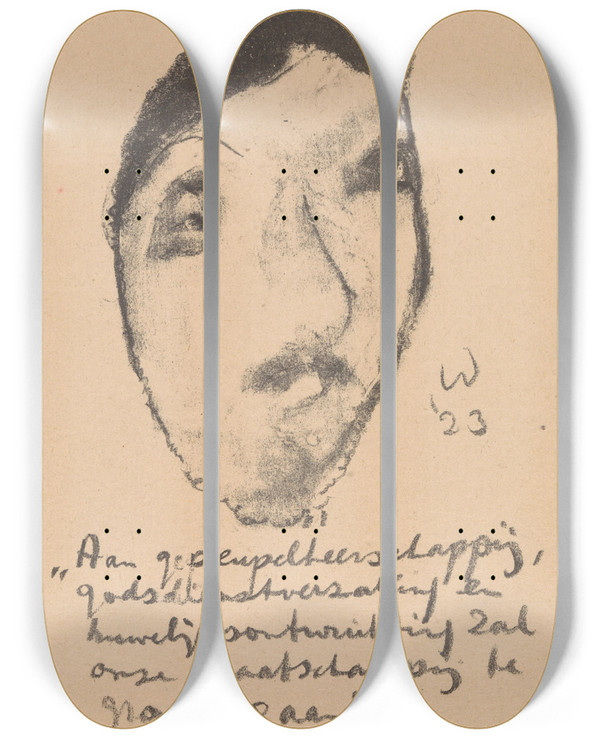 Triptych art skateboard deck of Erich Wichmann Karikatuur Van Gerard Bolland by Erich Wichmann (1890-1929)