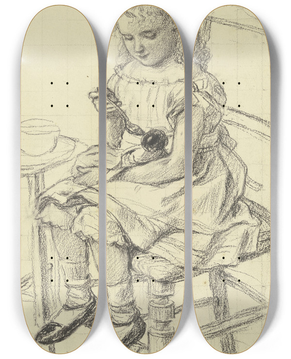Triptych art skateboard deck of Otto Scholderer Ein Mdchen Beim Fttern Ihrer Puppe by Otto Scholderer (1834-1902)