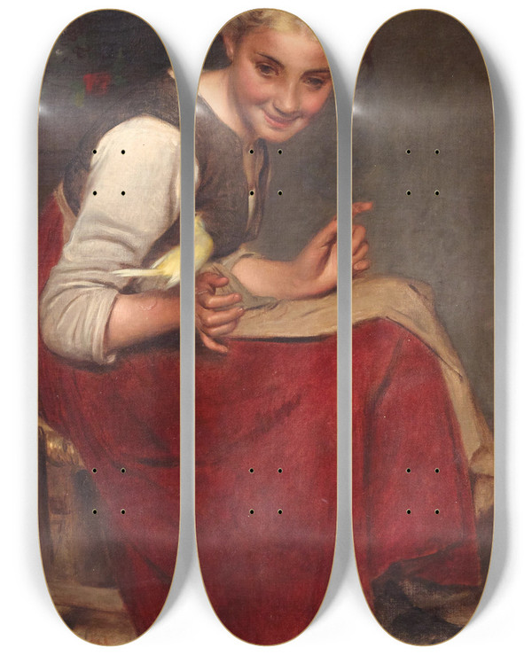 Triptych art skateboard deck of Philibert Leon Couturier Playing With The Bird by Philibert Leon Couturier (1823-1901)