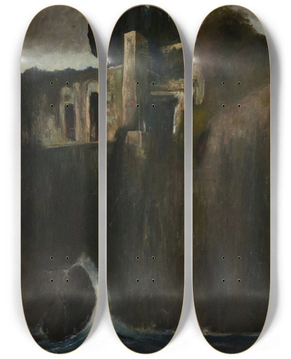 Triptych art skateboard deck of Arnold Bcklin Landscape_2 by Arnold Bocklin (1827-1901)