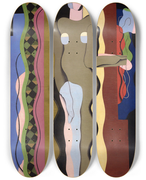 Triptych art skateboard deck of Georges Valmier Nude With A Flower by Georges Valmier (1885-1937)