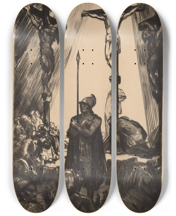 Triptych art skateboard deck of Albert Sterner Crucifixion by Albert Sterner (1863-1946)