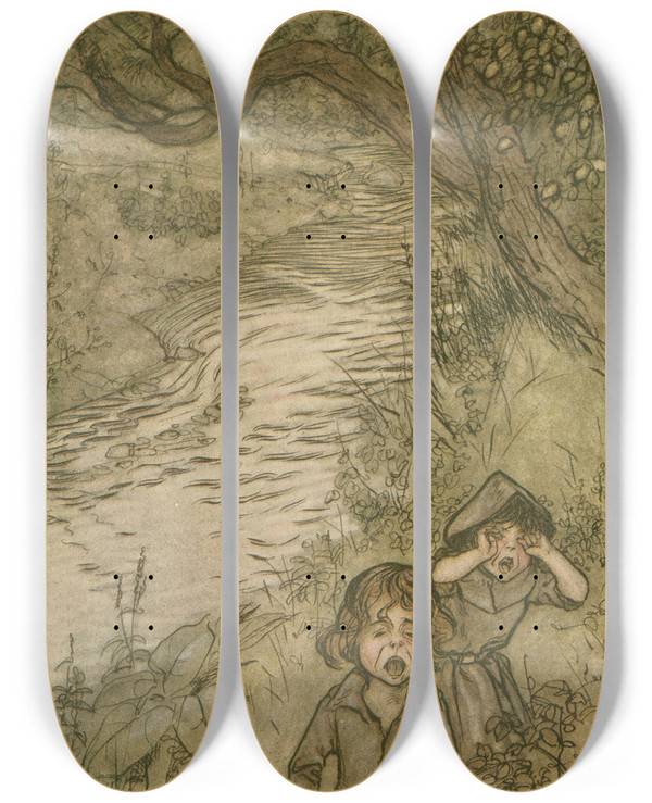 Triptych art skateboard deck of Arthur Rackham Wandering About And Boohooing by Arthur Rackham (1867-1939)